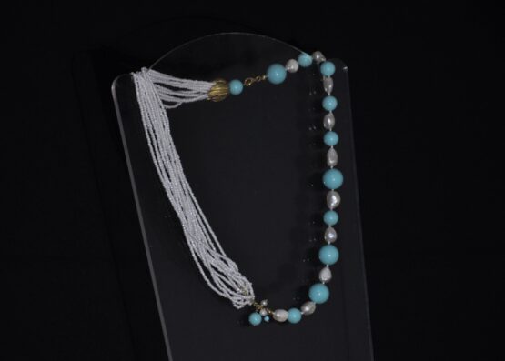 Elegante Collana MultiFili Perline Bianche Pasta di turchese Perle  COL16